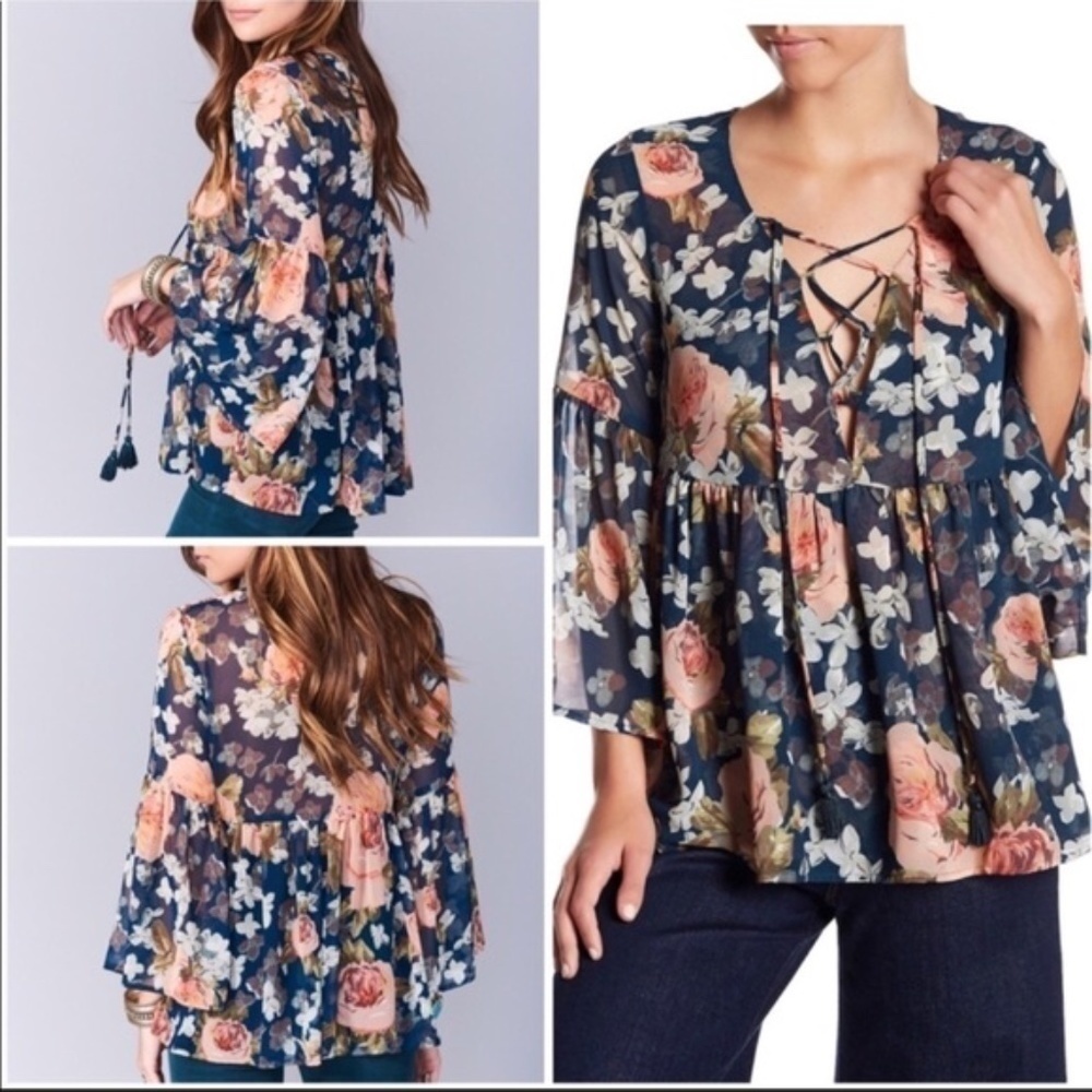 EUC Show Me Your MuMu Floral Babydoll Boho Top Size Medium